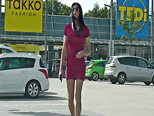 Crossdresser Sissy Wears Red Mini Dress In Public