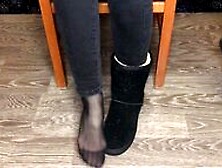 Student Girl Show Nylon Socks,  Boots And Foot After Study