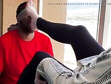Worshiping Older Lady Feet During The Time That Neighbors See On Balcony